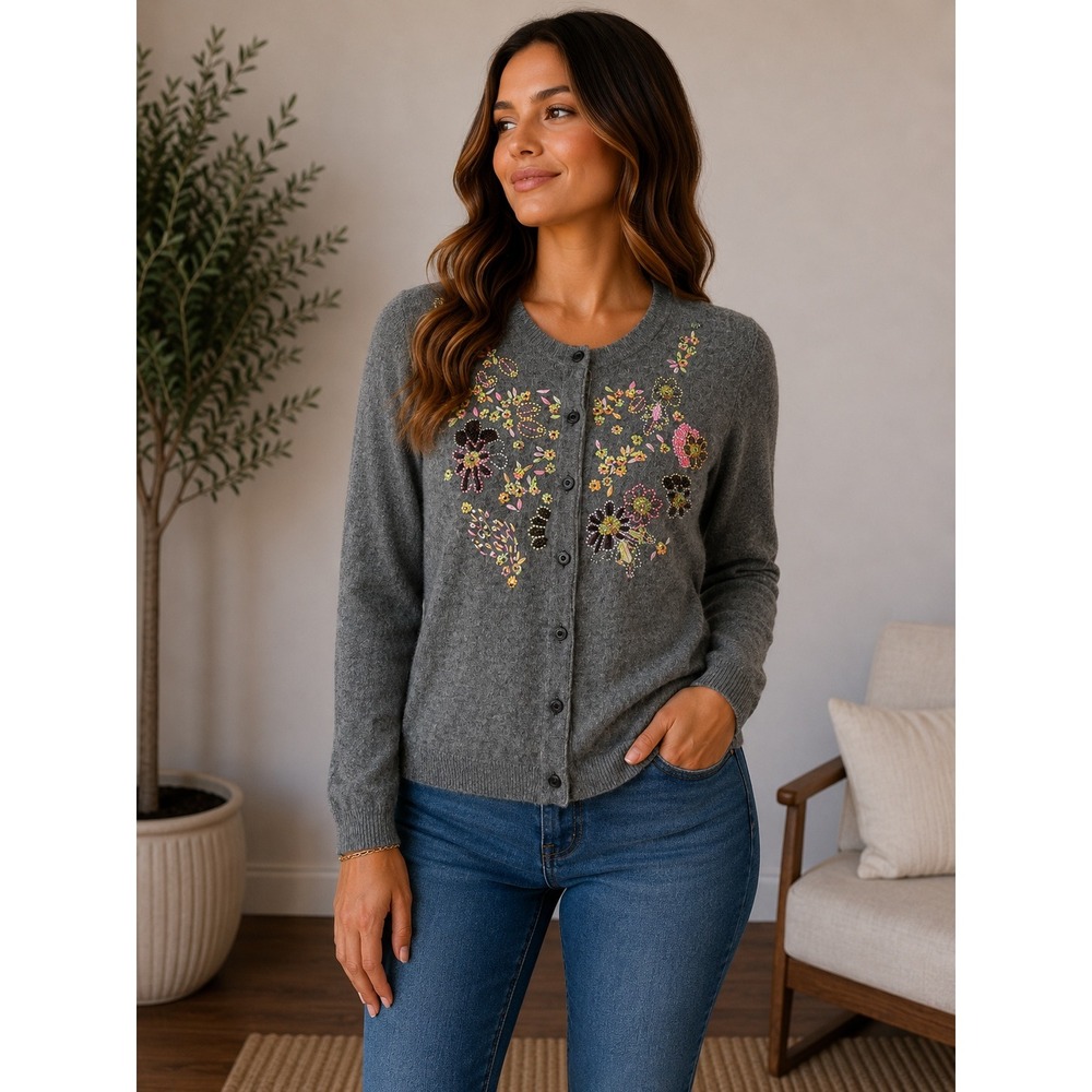 One Girl Who Grey Angora Blend Floral Embroidered Beaded Cardigan Sweater Small